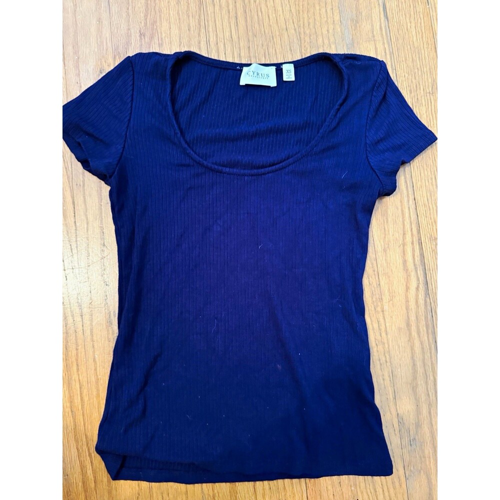 Cyrus Navy Solid Ribbed Knit Scoop Neck Short Sleeve T-Shirt Size XS